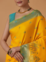 Thumbnail for Monjolika Fashion Yellow Banarasi Silk Blend SareeWith Traditional & Modern Dulha Dulhan Figure Zari Woven Detailing - Distacart