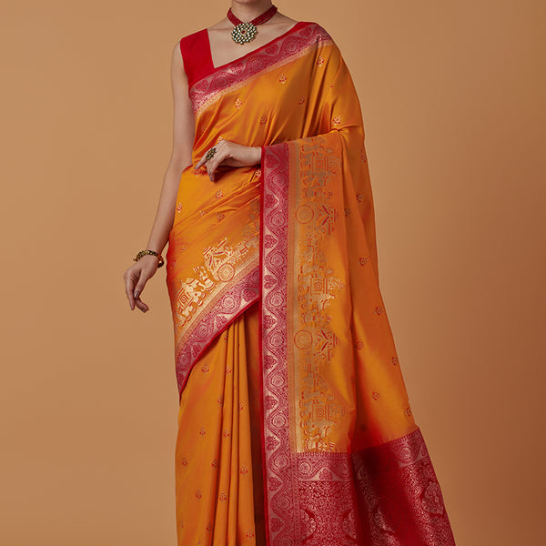 Monjolika Fashion Amber Banarasi Silk Blend SareeWith Traditional & Modern Dulha Dulhan Figure Zari Woven Detailing - Distacart