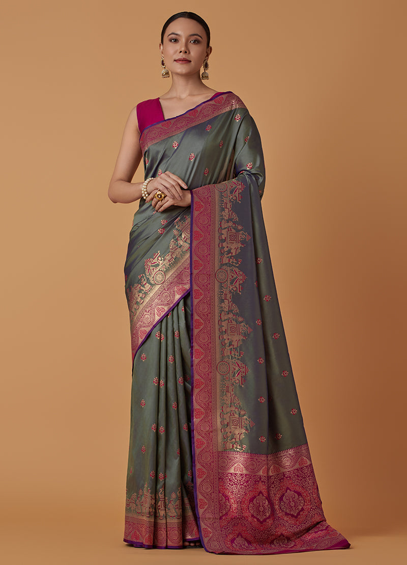 Monjolika Fashion Olive Banarasi Silk Blend SareeWith Traditional & Modern Dulha Dulhan Figure Zari Woven Detailing - Distacart