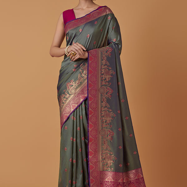 Monjolika Fashion Olive Banarasi Silk Blend SareeWith Traditional & Modern Dulha Dulhan Figure Zari Woven Detailing - Distacart