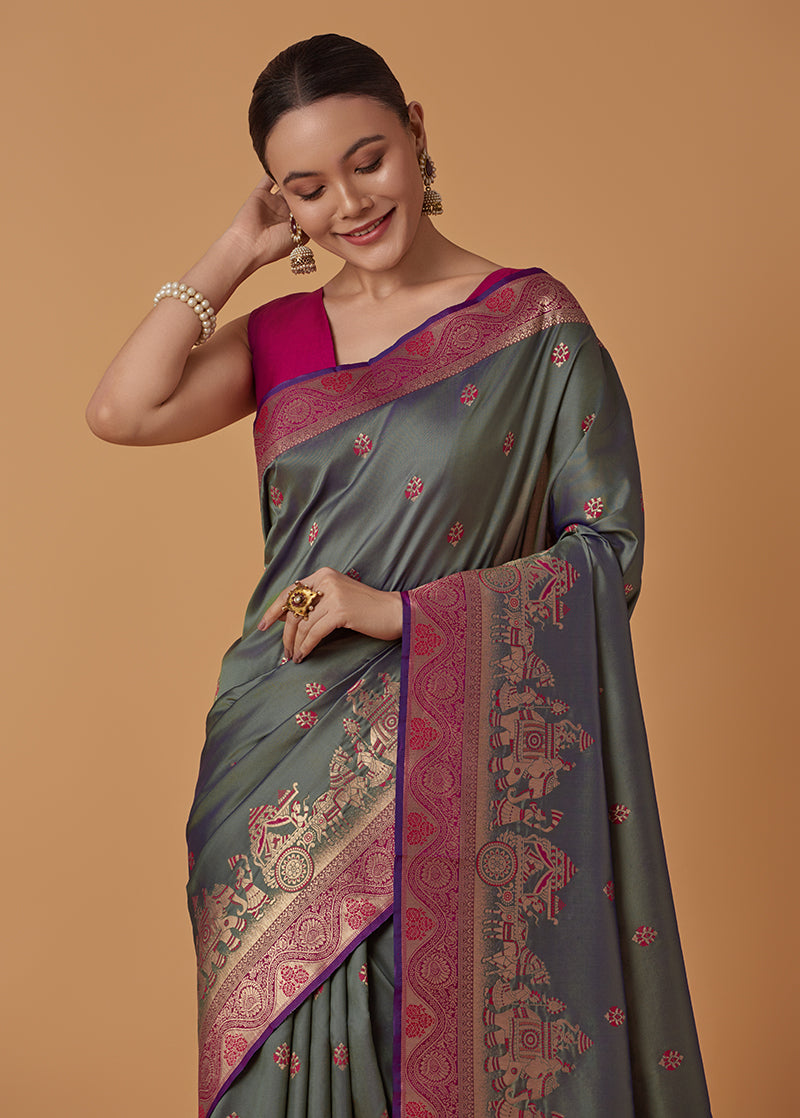 Monjolika Fashion Olive Banarasi Silk Blend SareeWith Traditional & Modern Dulha Dulhan Figure Zari Woven Detailing - Distacart