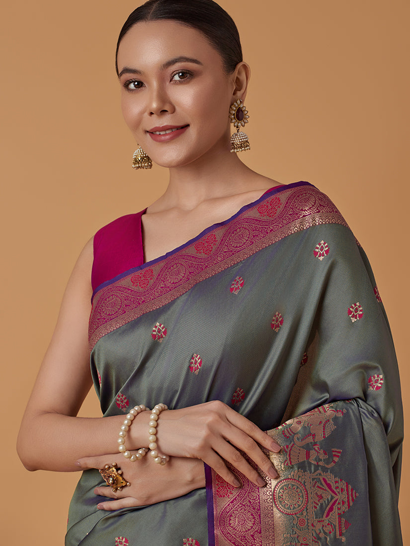 Monjolika Fashion Olive Banarasi Silk Blend SareeWith Traditional & Modern Dulha Dulhan Figure Zari Woven Detailing - Distacart