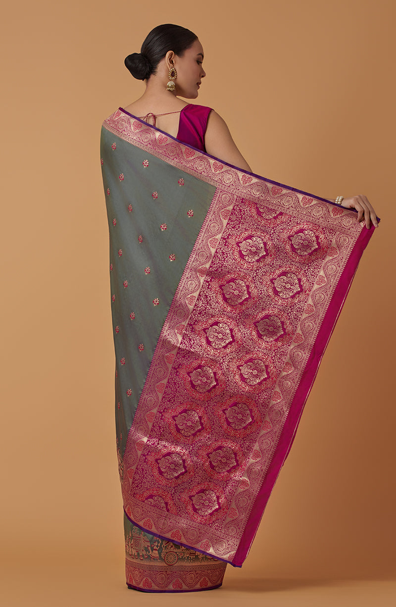 Monjolika Fashion Olive Banarasi Silk Blend SareeWith Traditional & Modern Dulha Dulhan Figure Zari Woven Detailing - Distacart