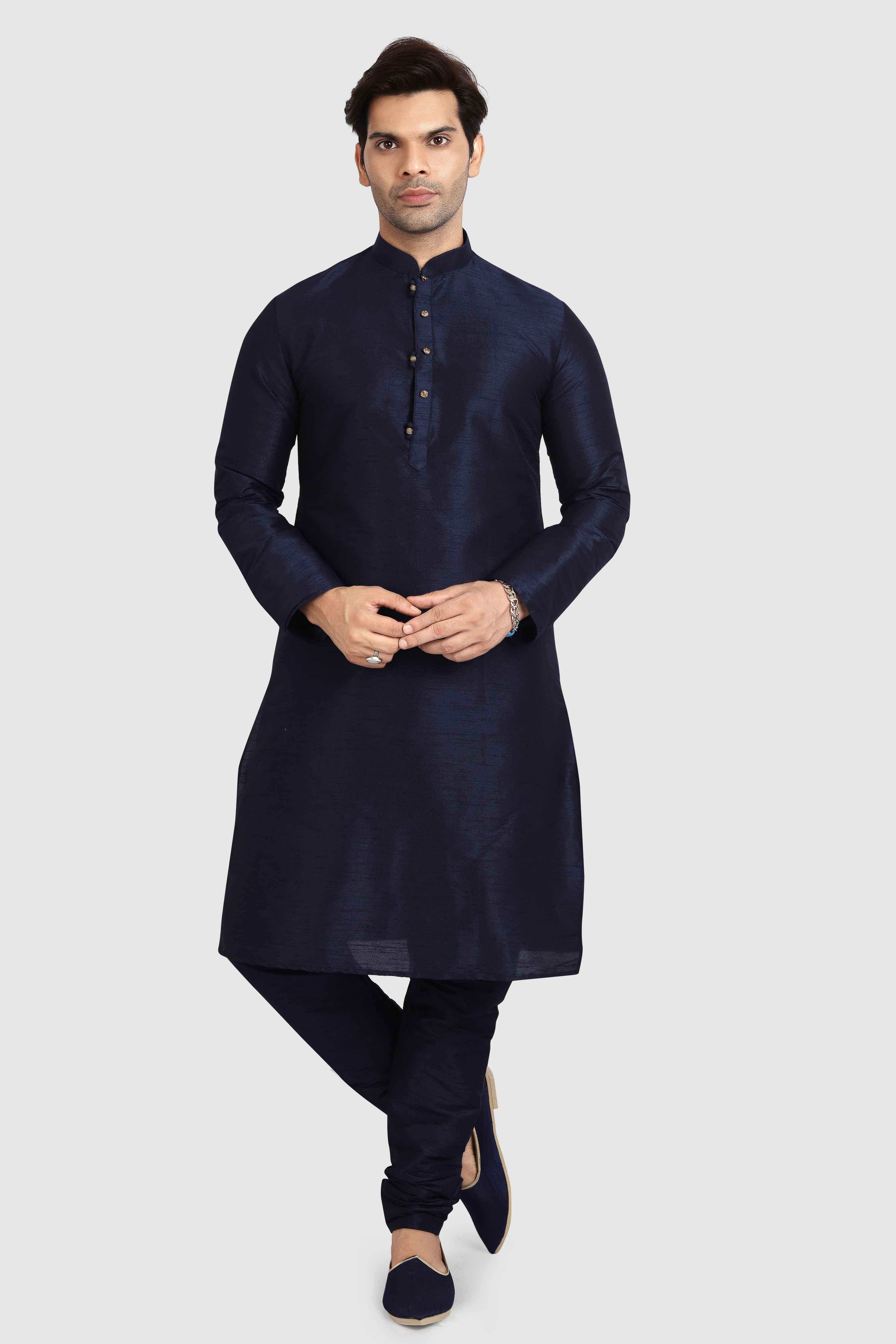 Raivat Ethnic Art Silk Kurta Pajama In Navy Blue Colour