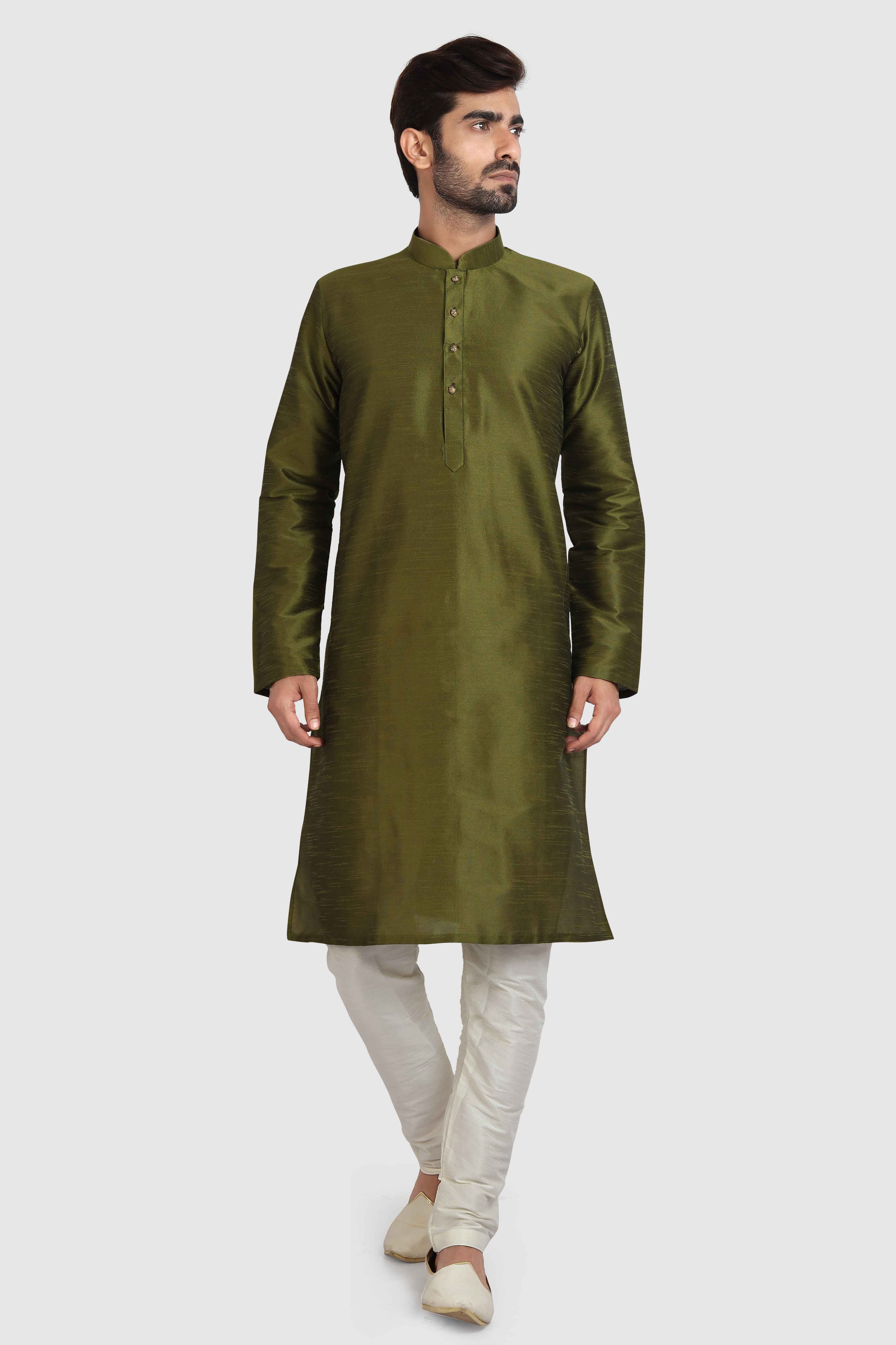 Raivat Ethnic Art Silk Kurta Pajama In Mehendi Green Colour