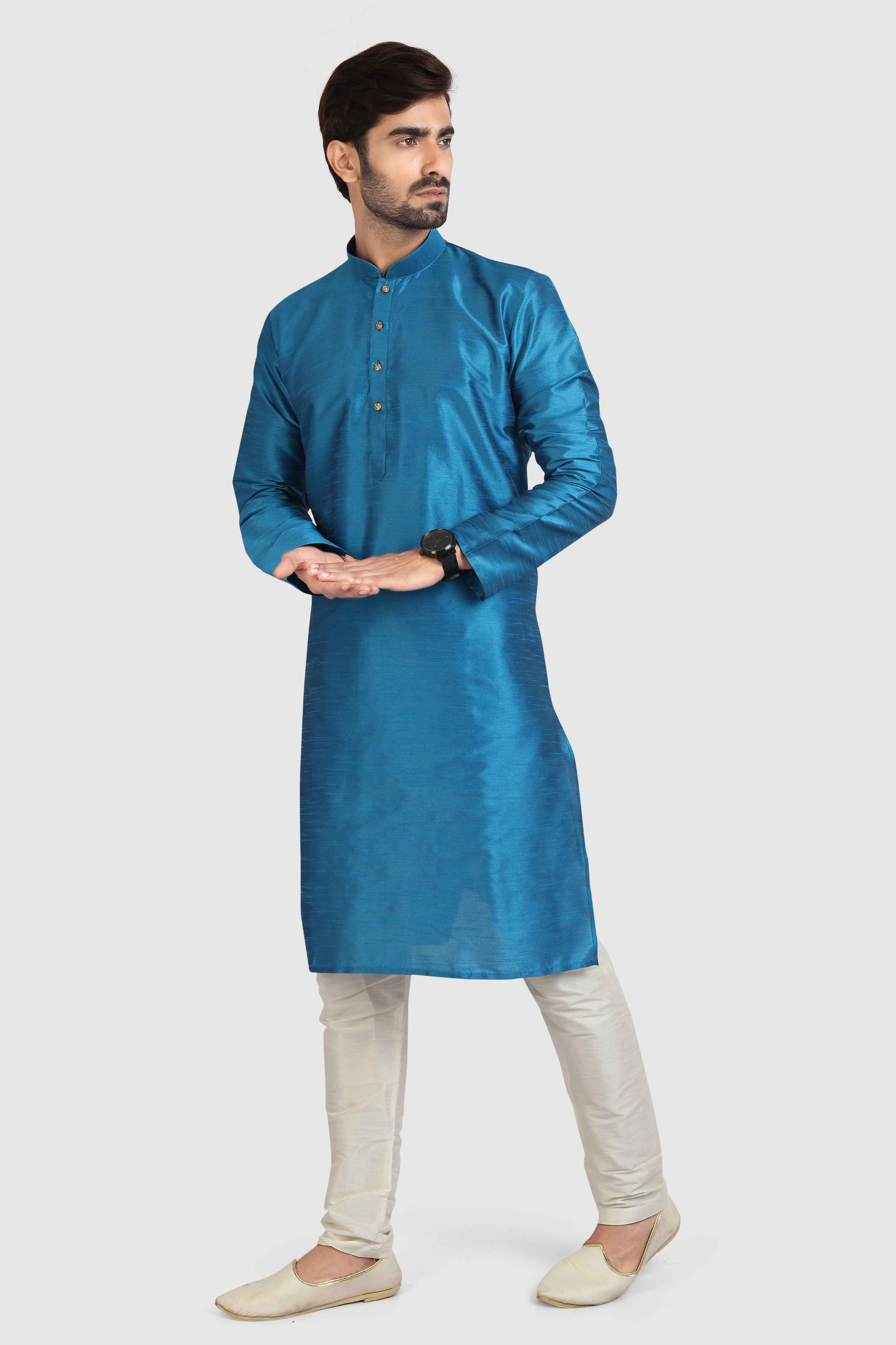 Raivat Ethnic Art Silk Kurta Pajama In Teal Blue Colour