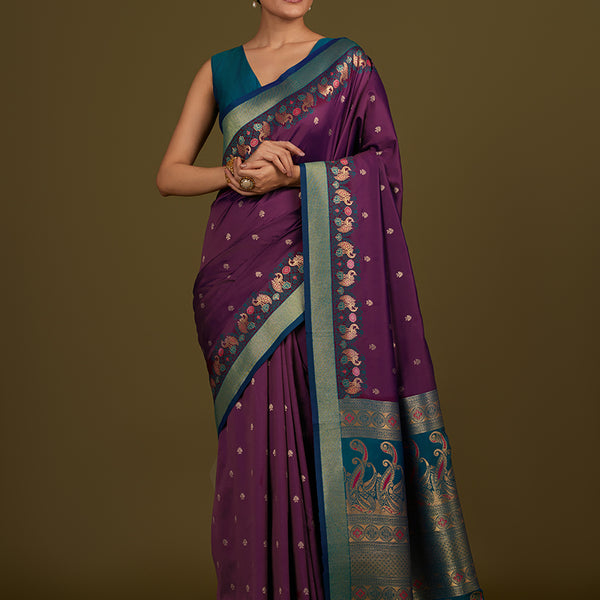 Monjolika Fashion Dark Purple Banarasi Silk Blend SareeIn Classic Paisley & Rich Zari Pallu Comes With Unstitched Blouse - Distacart