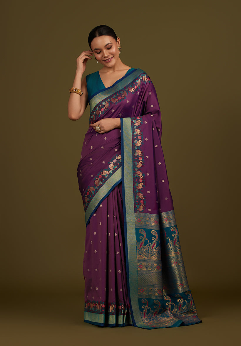 Monjolika Fashion Dark Purple Banarasi Silk Blend SareeIn Classic Paisley & Rich Zari Pallu Comes With Unstitched Blouse - Distacart