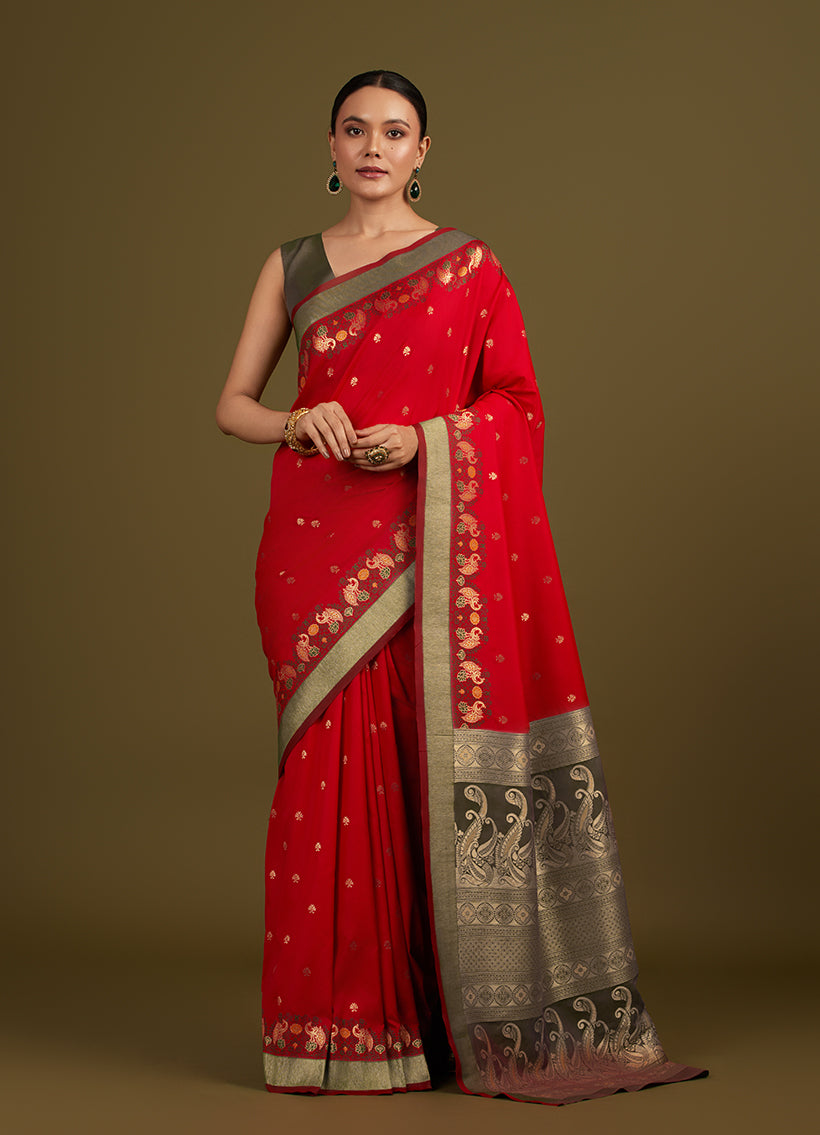 Monjolika Fashion Red Banarasi Silk Blend SareeIn Classic Paisley & Rich Zari Pallu Comes With Unstitched Blouse - Distacart