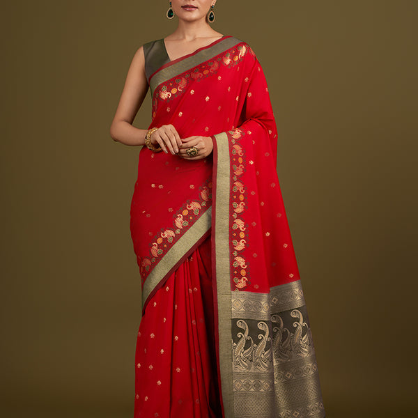 Monjolika Fashion Red Banarasi Silk Blend SareeIn Classic Paisley & Rich Zari Pallu Comes With Unstitched Blouse - Distacart