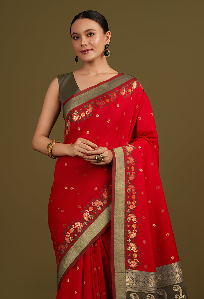 Monjolika Fashion Red Banarasi Silk Blend SareeIn Classic Paisley & Rich Zari Pallu Comes With Unstitched Blouse - Distacart