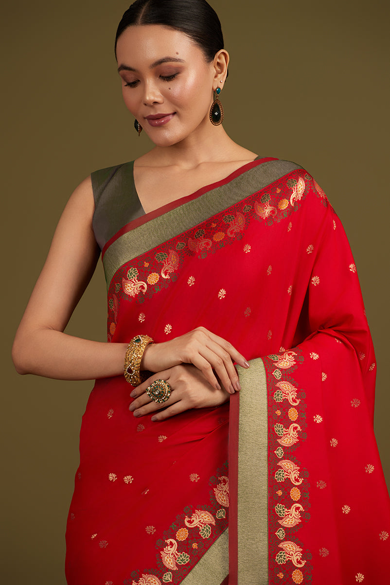 Monjolika Fashion Red Banarasi Silk Blend SareeIn Classic Paisley & Rich Zari Pallu Comes With Unstitched Blouse - Distacart