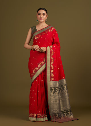 Monjolika Fashion Red Banarasi Silk Blend SareeIn Classic Paisley & Rich Zari Pallu Comes With Unstitched Blouse - Distacart