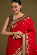 Thumbnail for Monjolika Fashion Red Banarasi Silk Blend SareeIn Classic Paisley & Rich Zari Pallu Comes With Unstitched Blouse - Distacart