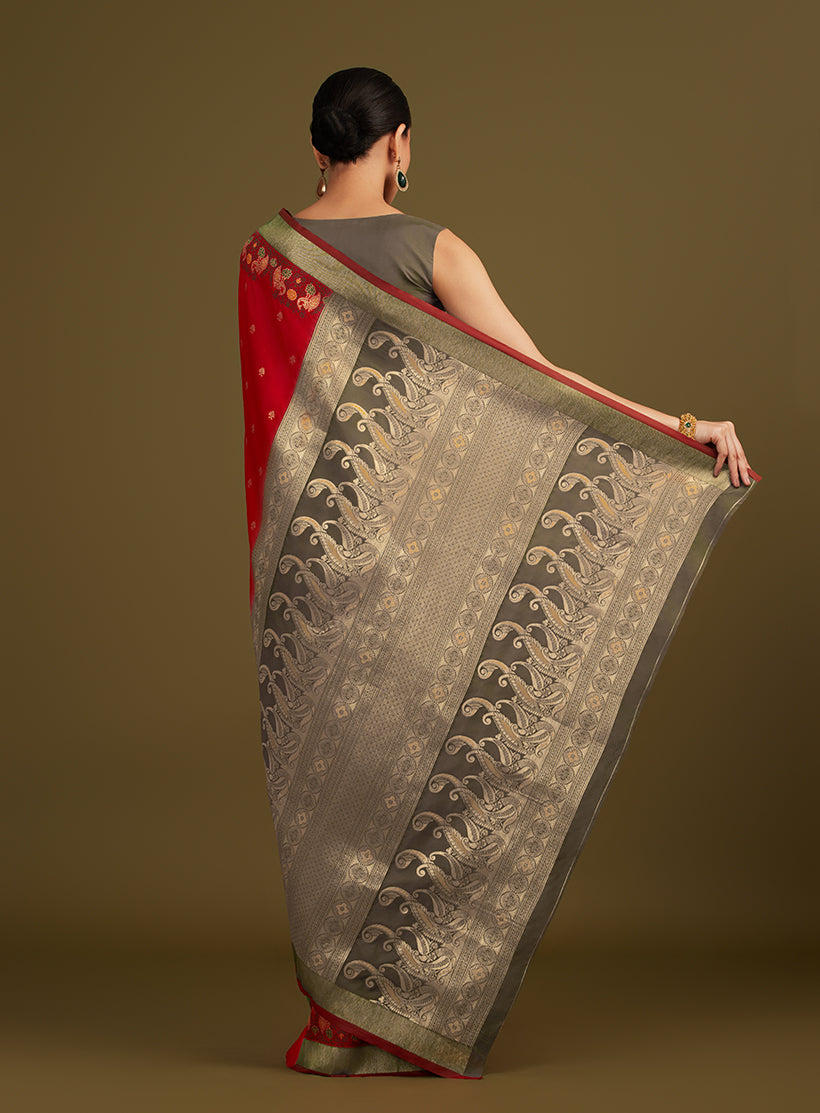 Monjolika Fashion Red Banarasi Silk Blend SareeIn Classic Paisley & Rich Zari Pallu Comes With Unstitched Blouse - Distacart