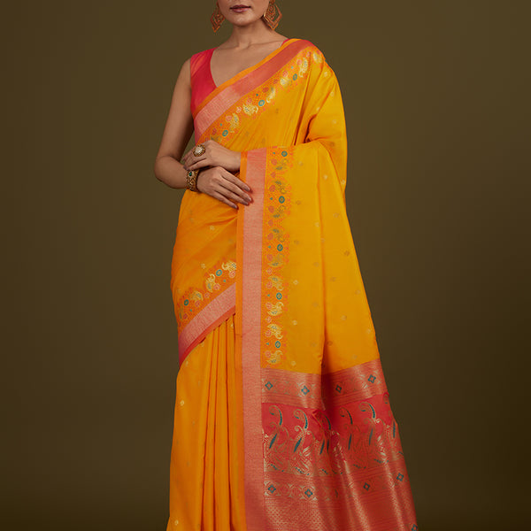 Monjolika Fashion Yellow Banarasi Silk Blend SareeIn Classic Paisley & Rich Zari Pallu Comes With Unstitched Blouse - Distacart