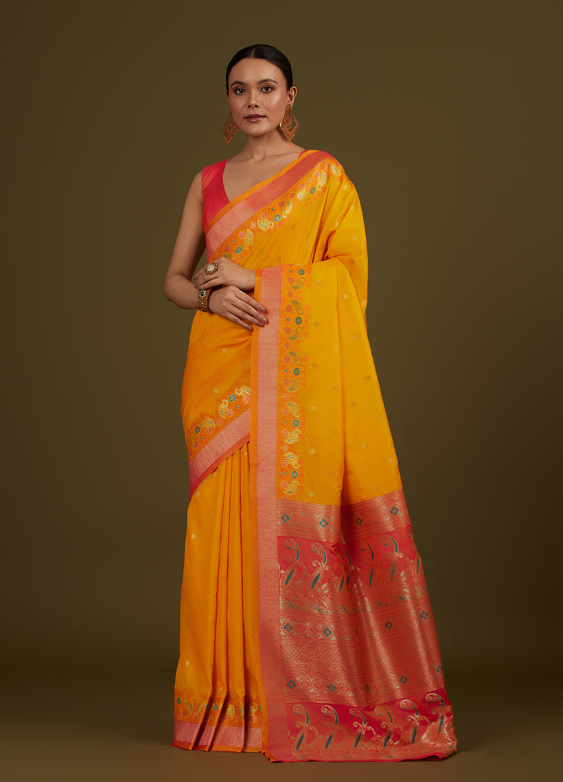 Monjolika Fashion Yellow Banarasi Silk Blend SareeIn Classic Paisley & Rich Zari Pallu Comes With Unstitched Blouse - Distacart
