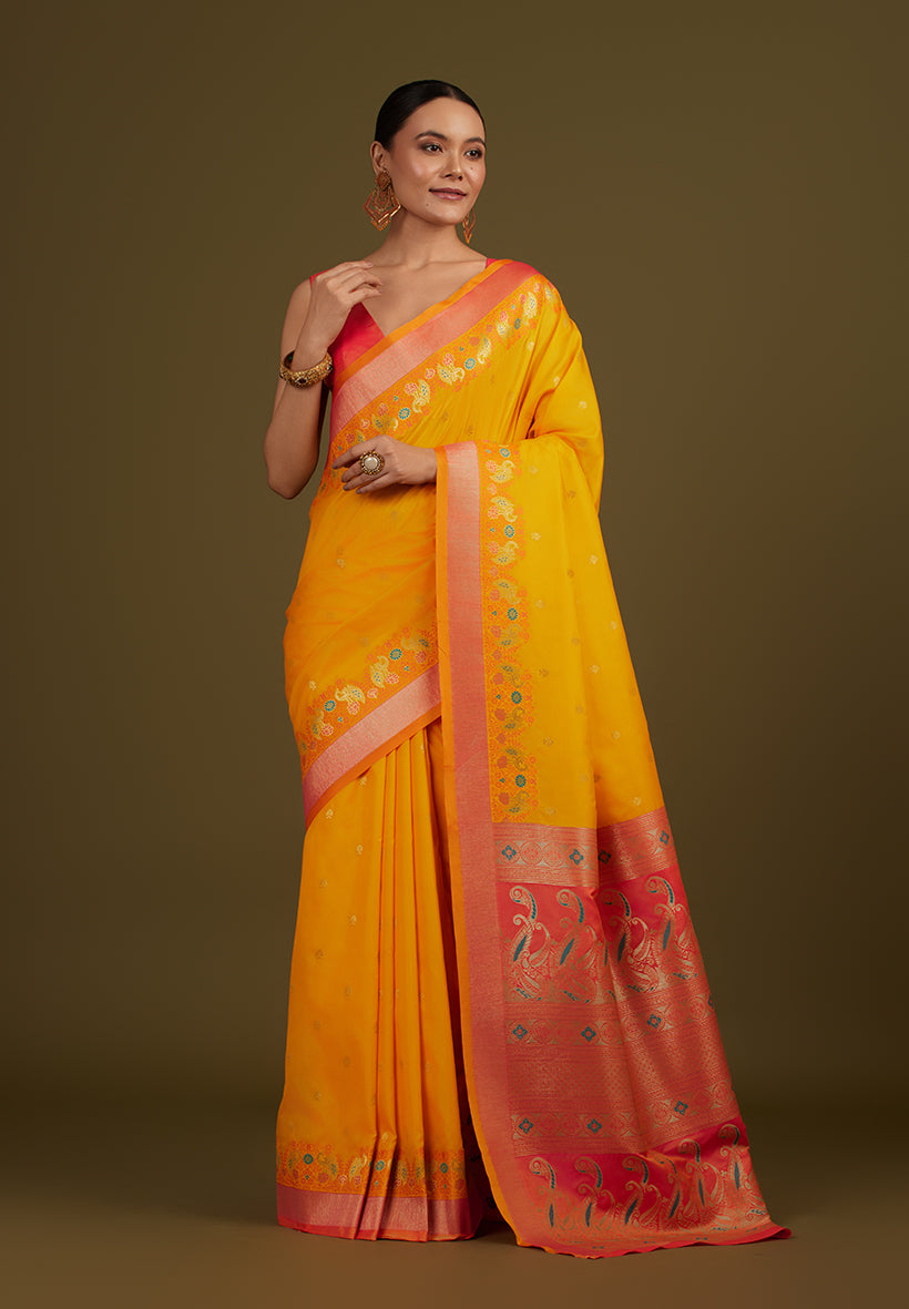 Monjolika Fashion Yellow Banarasi Silk Blend SareeIn Classic Paisley & Rich Zari Pallu Comes With Unstitched Blouse - Distacart