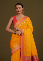 Thumbnail for Monjolika Fashion Yellow Banarasi Silk Blend SareeIn Classic Paisley & Rich Zari Pallu Comes With Unstitched Blouse - Distacart