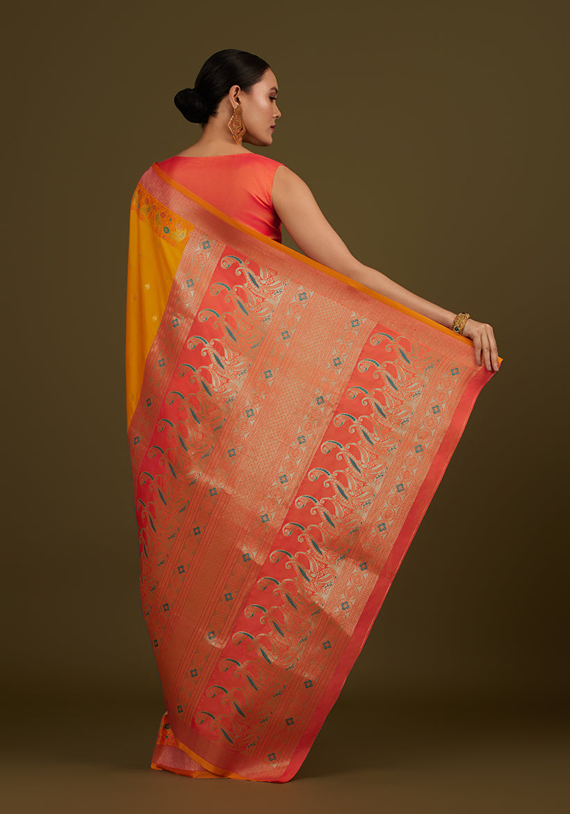 Monjolika Fashion Yellow Banarasi Silk Blend SareeIn Classic Paisley & Rich Zari Pallu Comes With Unstitched Blouse - Distacart