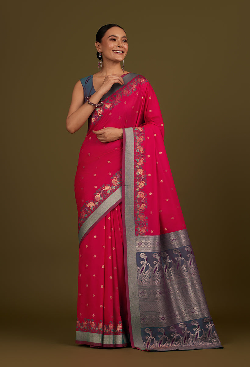 Monjolika Fashion Pink Banarasi Silk Blend SareeIn Classic Paisley & Rich Zari Pallu Comes With Unstitched Blouse - Distacart