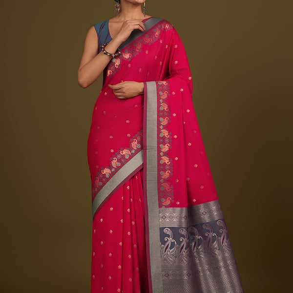 Monjolika Fashion Pink Banarasi Silk Blend SareeIn Classic Paisley & Rich Zari Pallu Comes With Unstitched Blouse - Distacart