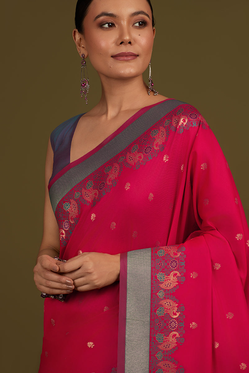 Monjolika Fashion Pink Banarasi Silk Blend SareeIn Classic Paisley & Rich Zari Pallu Comes With Unstitched Blouse - Distacart