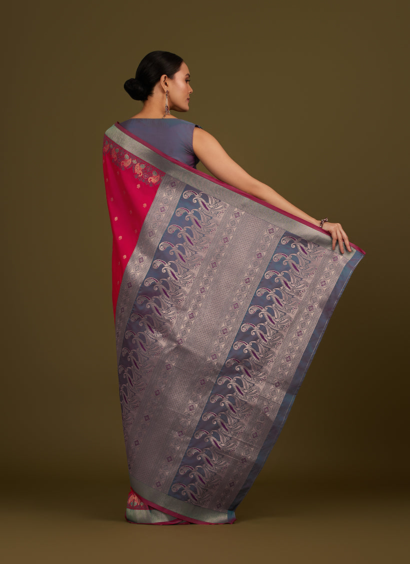 Monjolika Fashion Pink Banarasi Silk Blend SareeIn Classic Paisley & Rich Zari Pallu Comes With Unstitched Blouse - Distacart