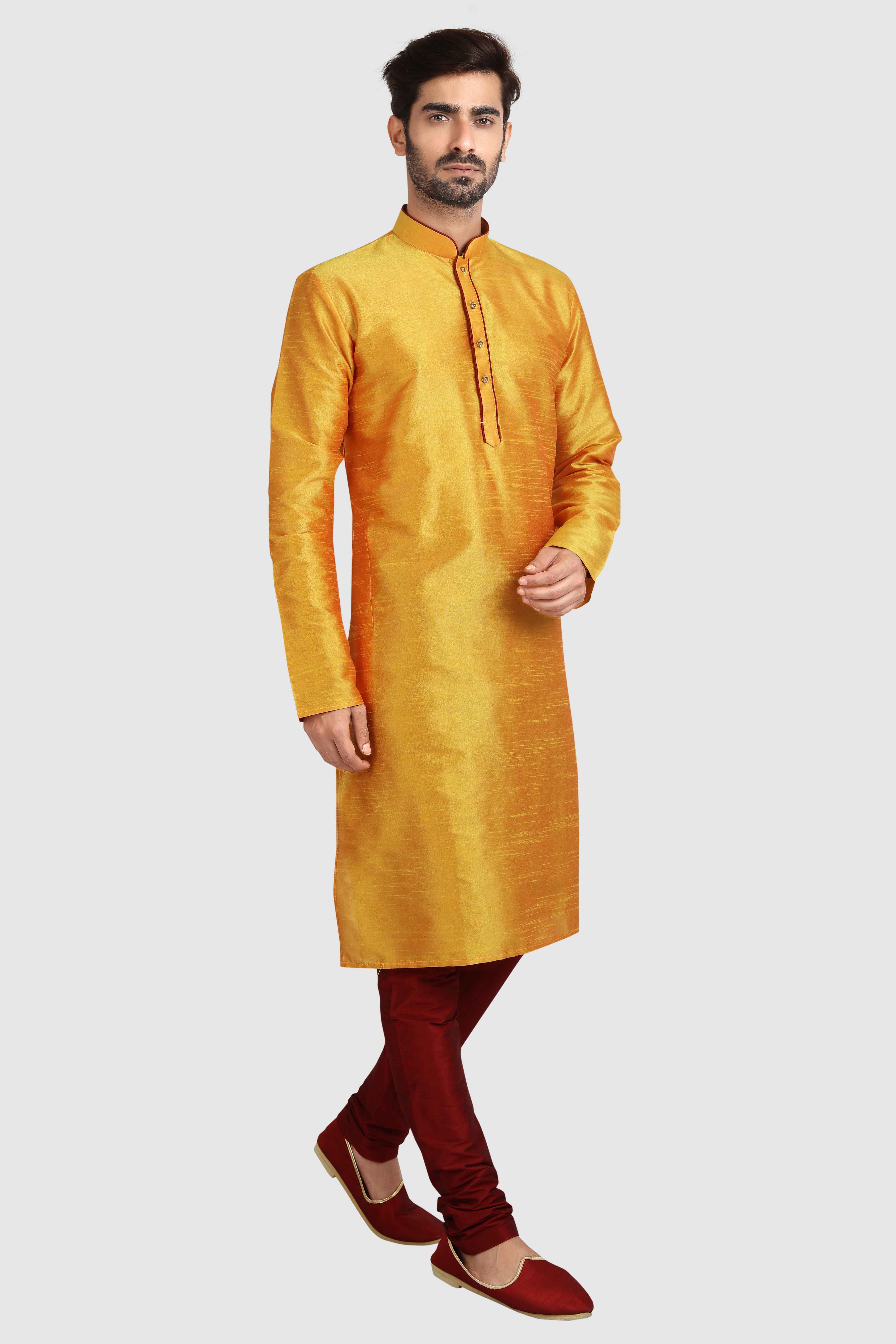 Raivat Ethnic Art Silk Kurta Pajama In Mustard Colour