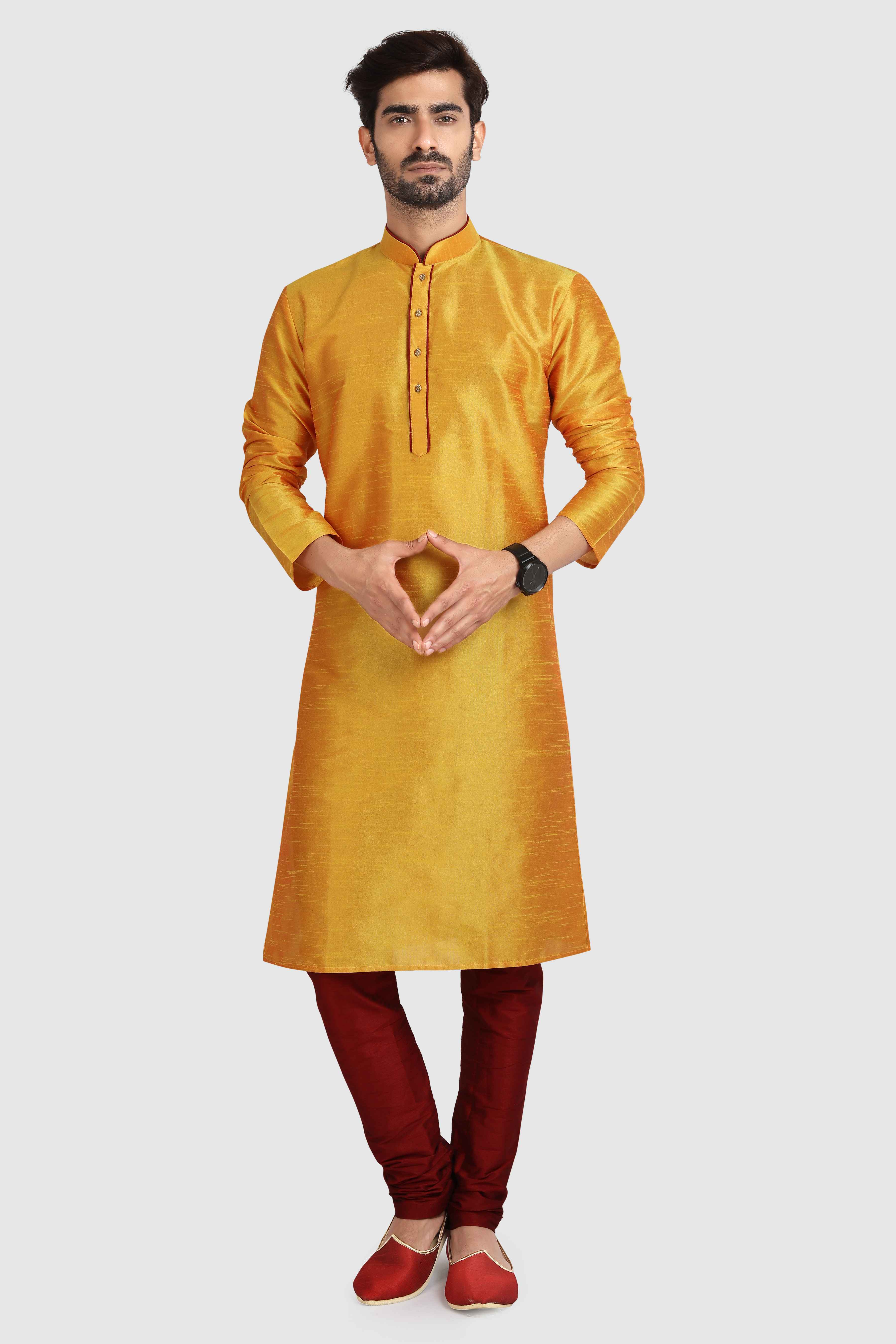 Raivat Ethnic Art Silk Kurta Pajama In Mustard Colour