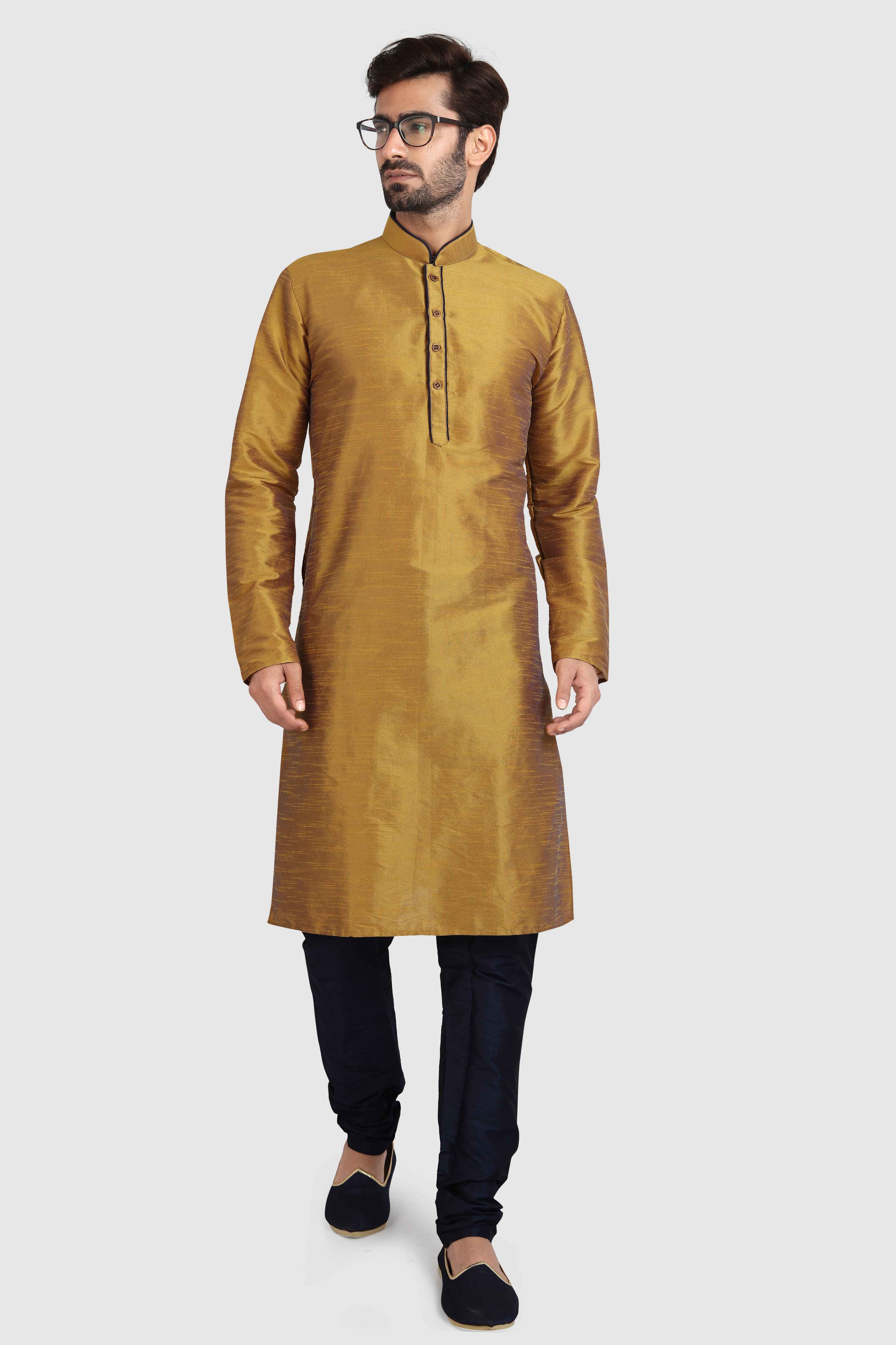 Raivat Ethnic Art Silk Kurta Pajama In Mustard Brown Colour