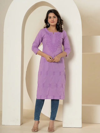 Yufta Women Lavender Chikankari Straight Kurta