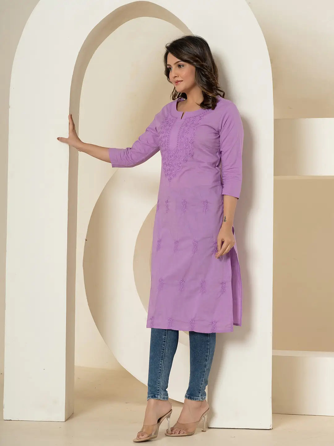 Yufta Women Lavender Chikankari Straight Kurta - Distacart