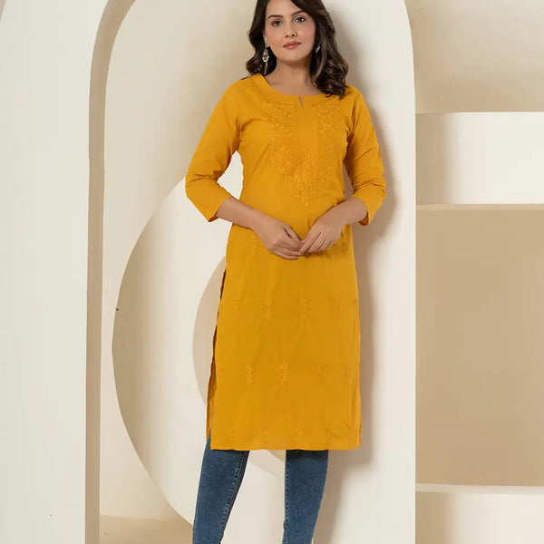 Yufta Women Mustard Chikankari Straight Kurta - Distacart