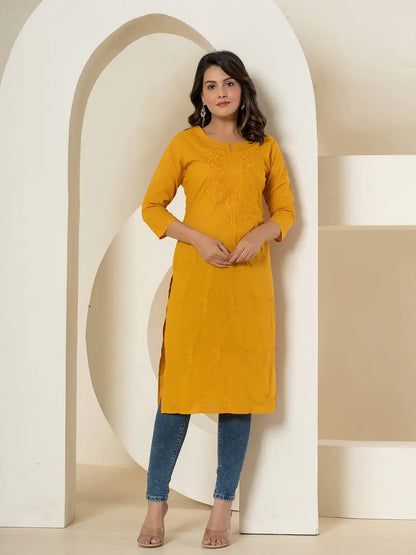 Yufta Women Mustard Chikankari Straight Kurta - Distacart
