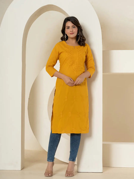 Yufta Women Mustard Chikankari Straight Kurta - Distacart