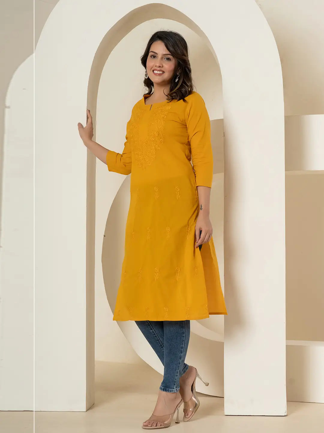 Yufta Women Mustard Chikankari Straight Kurta - Distacart