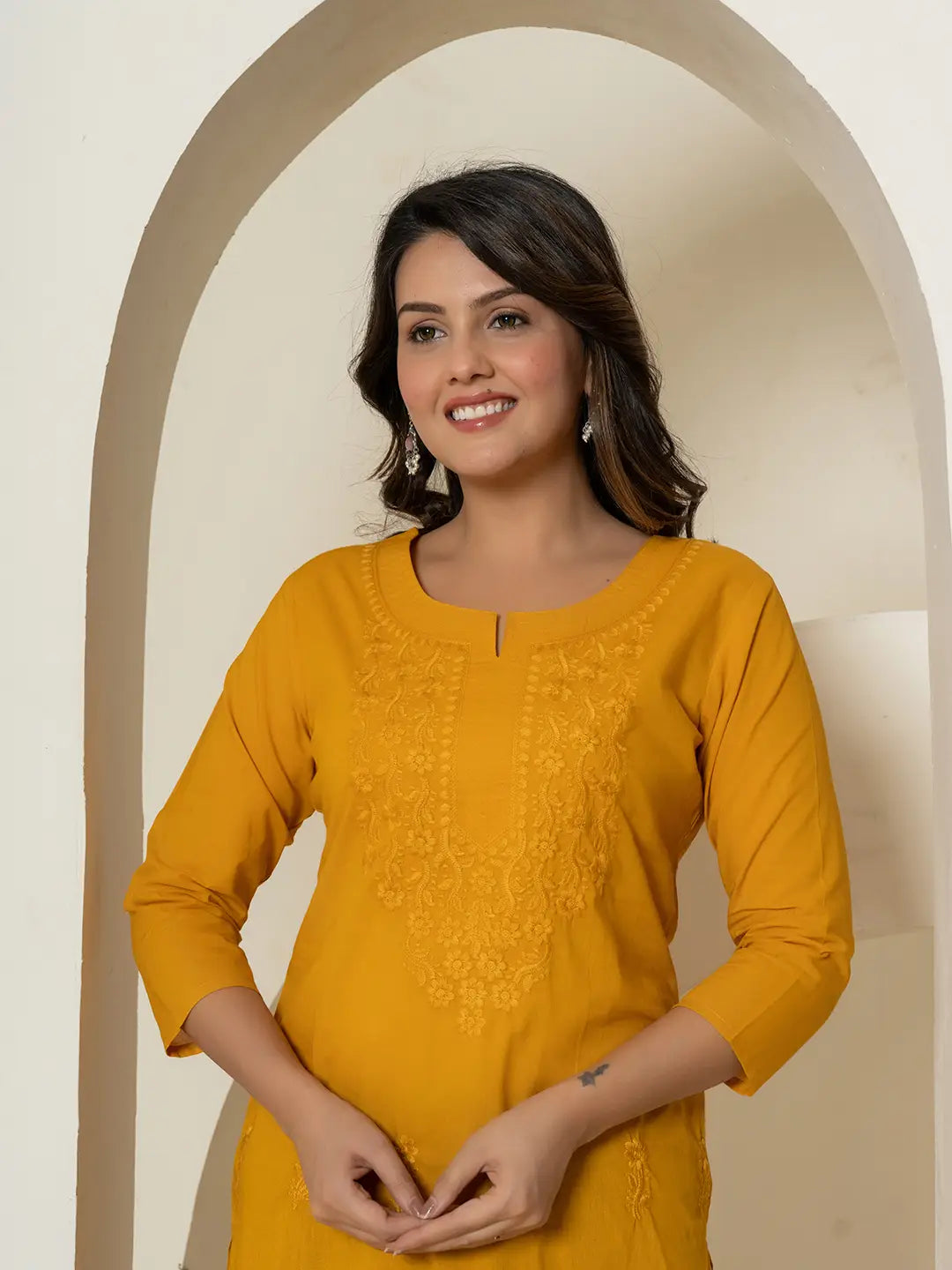 Yufta Women Mustard Chikankari Straight Kurta - Distacart