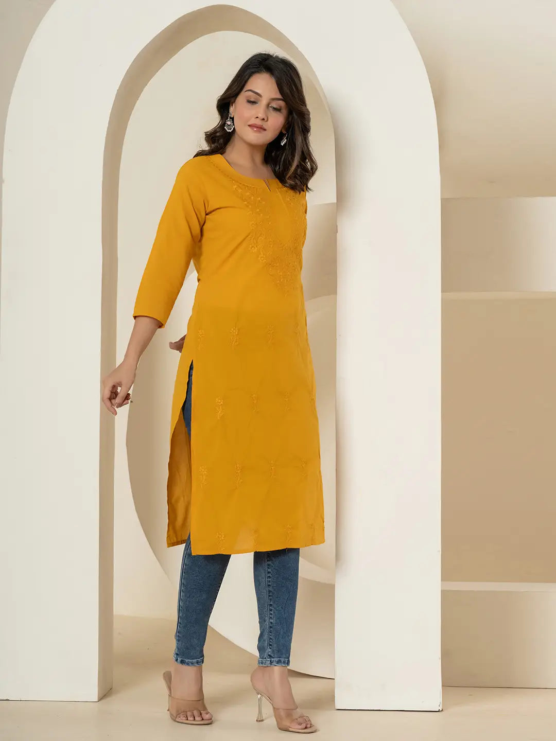 Yufta Women Mustard Chikankari Straight Kurta - Distacart