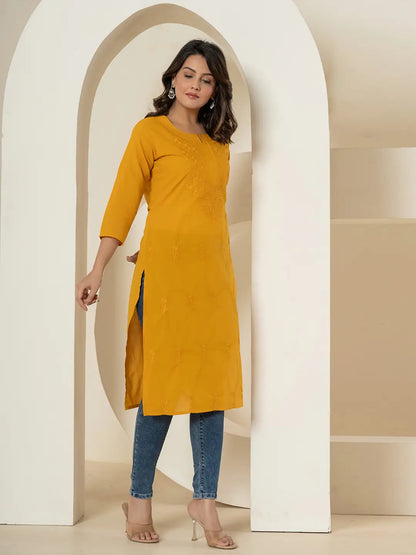 Yufta Women Mustard Chikankari Straight Kurta - Distacart