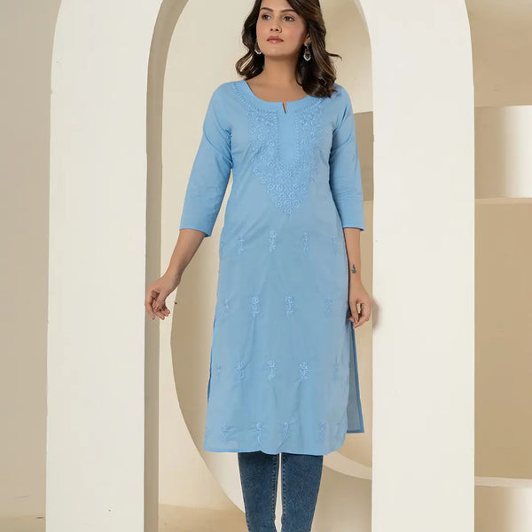 Yufta Women Sky Blue Chikankari Straight Kurta - Distacart