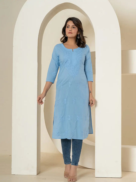 Yufta Women Sky Blue Chikankari Straight Kurta - Distacart