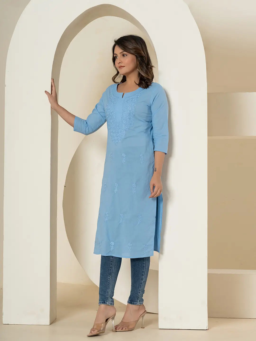 Yufta Women Sky Blue Chikankari Straight Kurta - Distacart