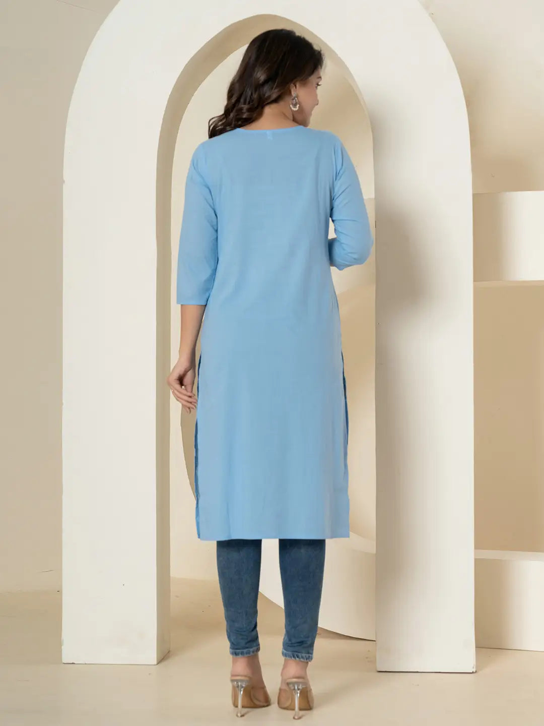 Yufta Women Sky Blue Chikankari Straight Kurta - Distacart