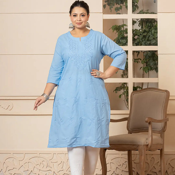 Yufta Women Sky Blue Floral Straight Plus Size Kurta - Distacart