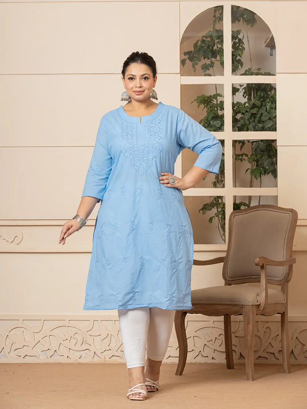 Yufta Women Sky Blue Floral Straight Plus Size Kurta
