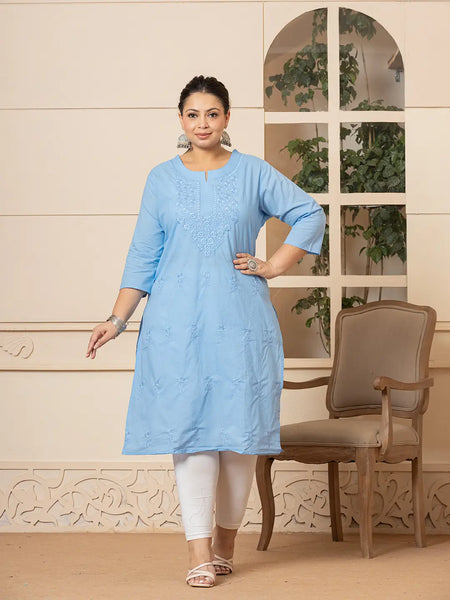 Yufta Women Sky Blue Floral Straight Plus Size Kurta