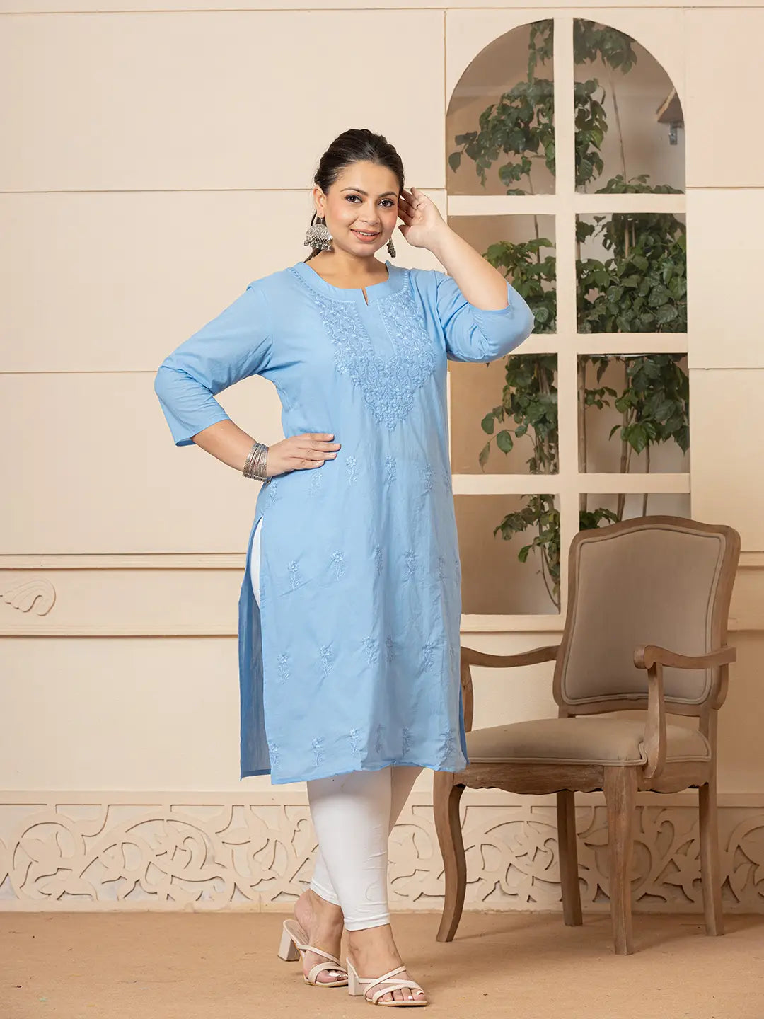 Yufta Women Sky Blue Floral Straight Plus Size Kurta - Distacart