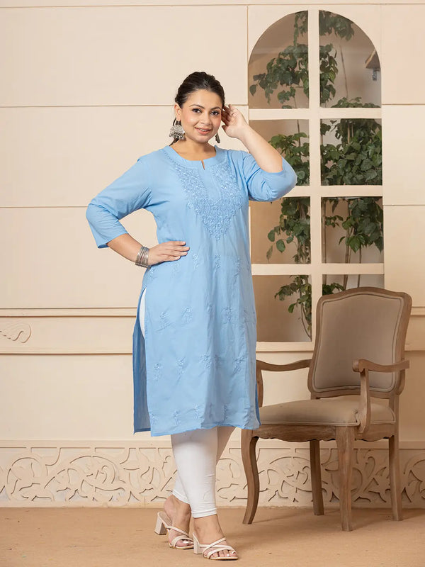 Yufta Women Sky Blue Floral Straight Plus Size Kurta