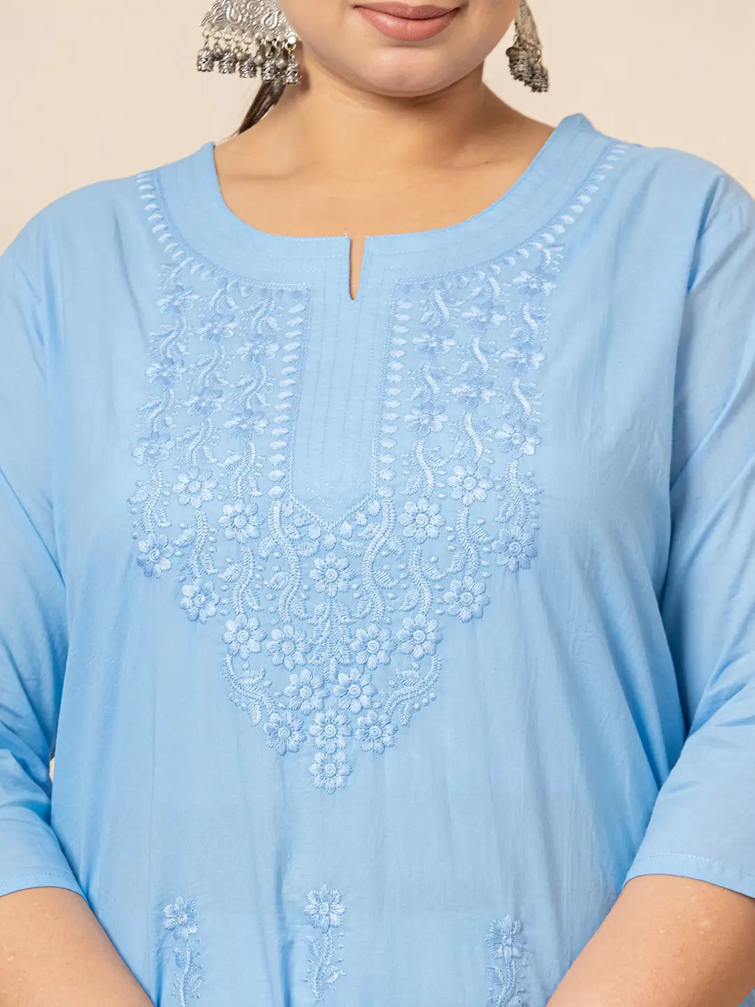 Yufta Women Sky Blue Floral Straight Plus Size Kurta